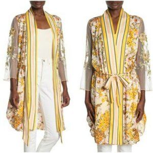 NWT Anthropologie Aratta Yellow Kimono Sheer Floral Size L Silent Journey